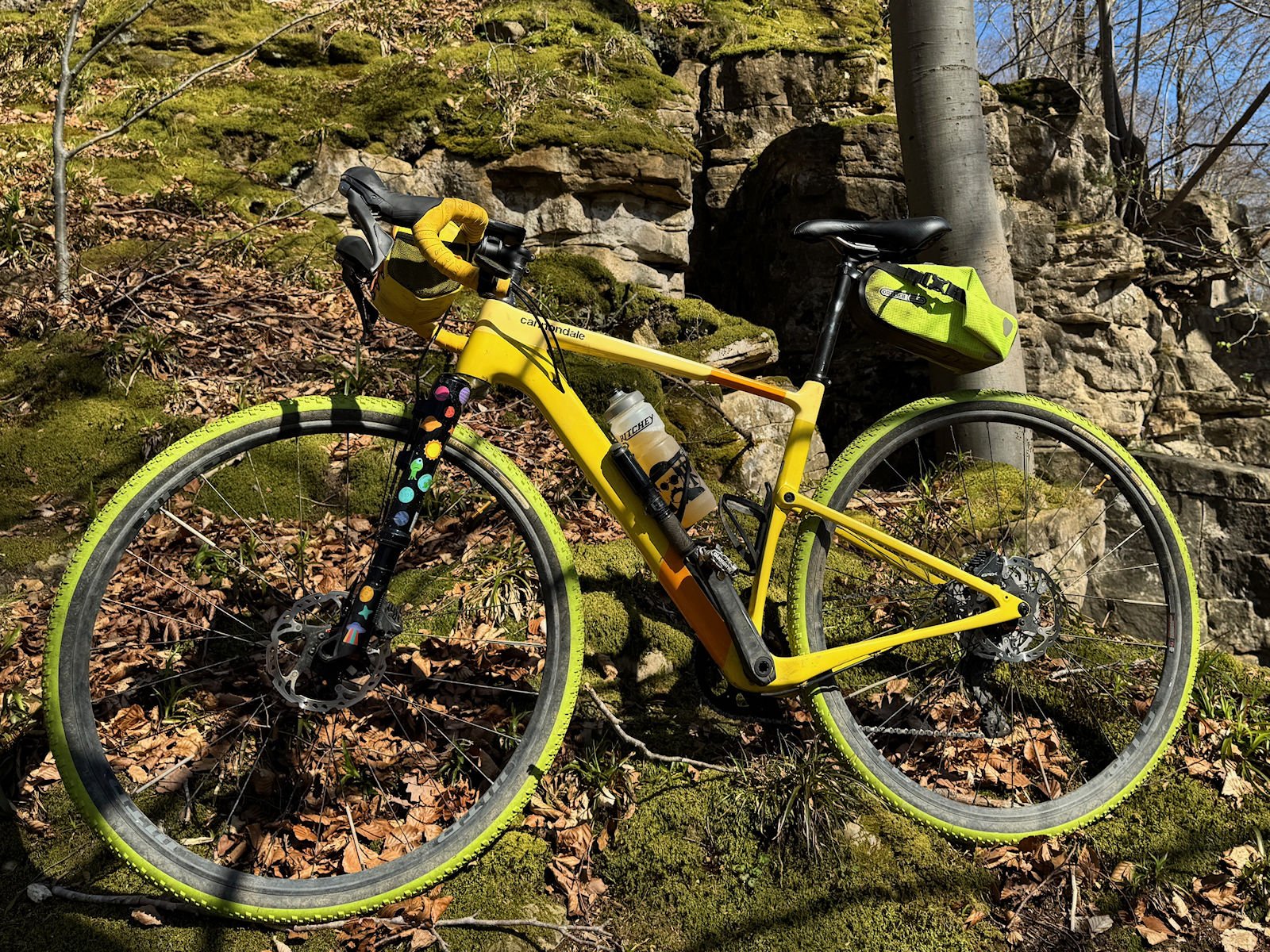 A yellow and orange gravel bike with a black front fork leaning against some tree trunks. He has a bright yellow saddle bag and one bottle. He's very clean for I think that was his first outing. Behind him is a lot of lush greenery Yasha the bright yellow Leftie